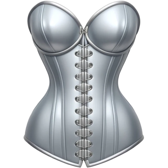 A luxury corset emoji made of silver chrome, smooth metallic curves, minimal fashion silhouette, glossy reflections, sensual high-end aesthetic, iOS emoji style, centered, clean white background emoji