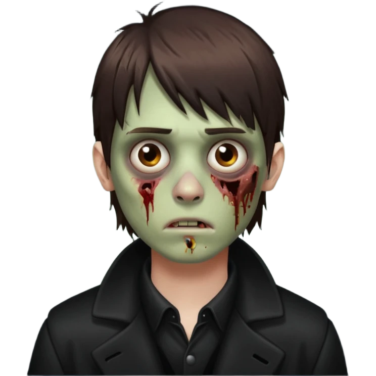 Zombie, emo guy with dark circles under his eyes and medium brown hair with straight bangs, in a black long
 emoji