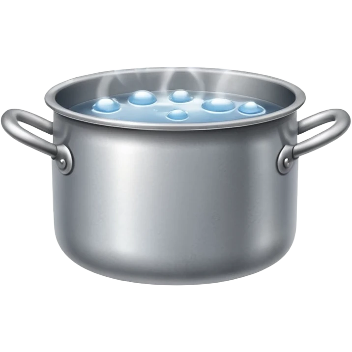 small metal pot filled with boiling water on a stove, visible hot steam and rising bubbles, realistic heat effect, shiny pot surface, bright lighting, clean white background emoji