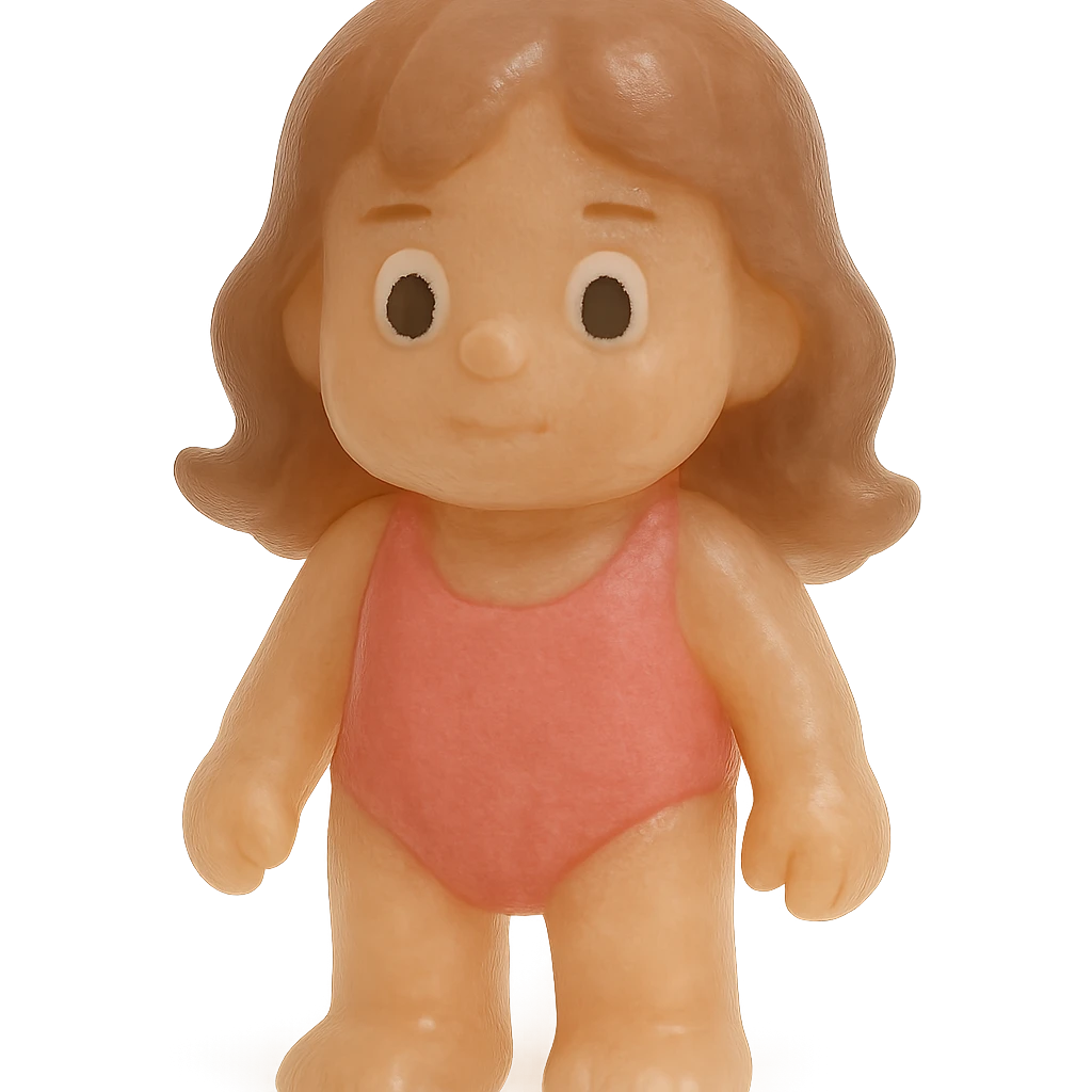 Make the beach girl much more transparent and match the exact retro 90's toy style of the previous ocean animal emojis. Use natural colors (tan skin, brown hair, pink swimsuit), derpy eyes, no tag, no background. Soft plastic, soft reflections, soft and squishy, some cloudiness, not shiny, highly detailed, appealing. The style should resemble retro 90's soft plastic toy style with soft reflections and cloudiness, not shiny. emoji