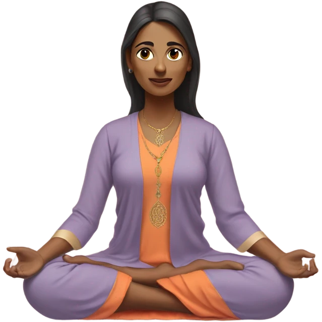 an  Indian woman, sleeveless pastel shirt
 yogi with a peaceful and meditative expression. The character should be wearing an orange robe, symbolizing traditional yogic attire. The yogi can be sitting in a lotus position emoji