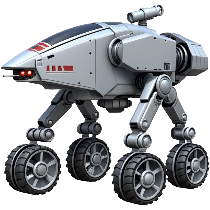 Star Wars jumping 8-wheel armored canine sporty self-balancing massive mech trail assault vehicle motor-in-wheel side-hill leaning actively robotically articulating hydraulic independent suspended pod gimbal defender mech off-road racing rover with large fast engine basher crawler megatron  emoji