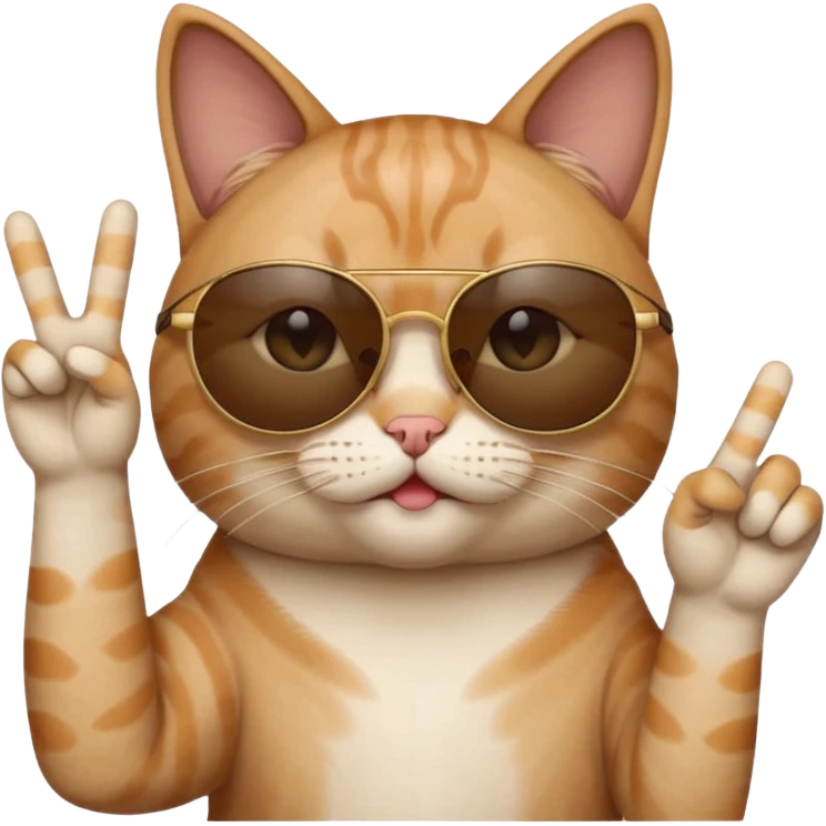 a cat wearing sunglasses a saying peace out on his head there would be written peace out and he will do the pose for peace out emoji