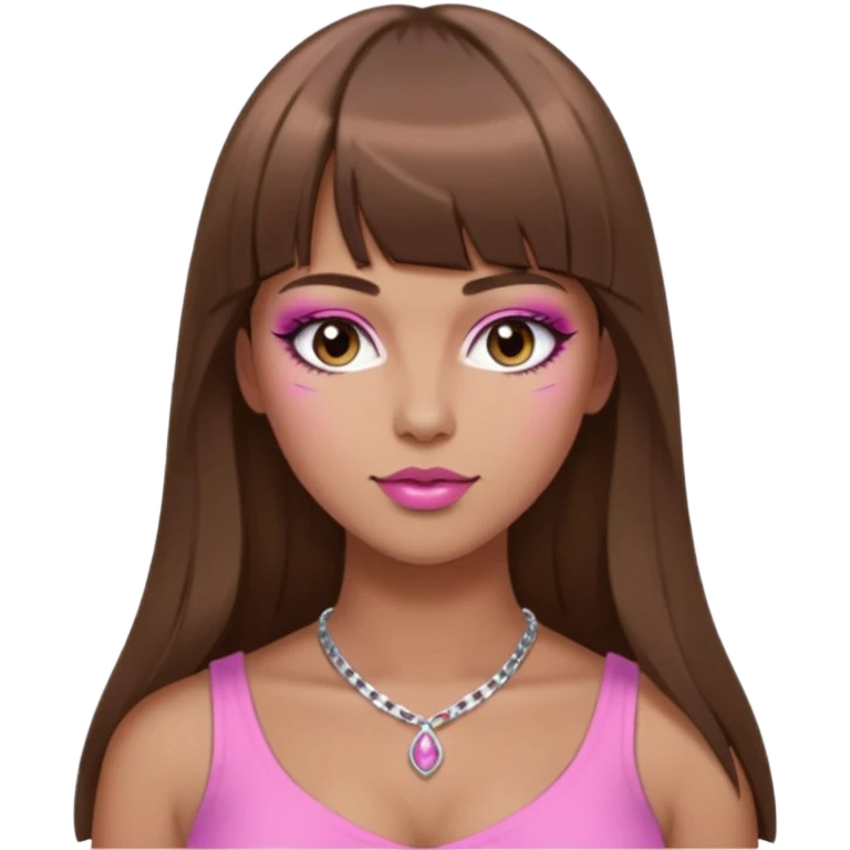 long brown hair straight cut bangs. thot voluptous chest and gen z pink feminine makeup. simple silver accessories. big topless hanging chest. smug detailed face. emoji