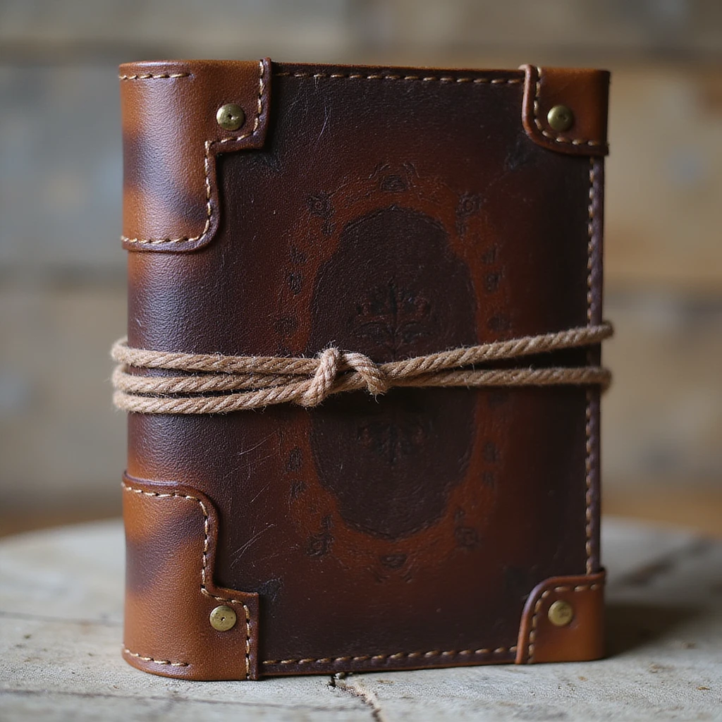 vintage style leather-bound journal, dark brown, wraparound strap, textured cover emoji