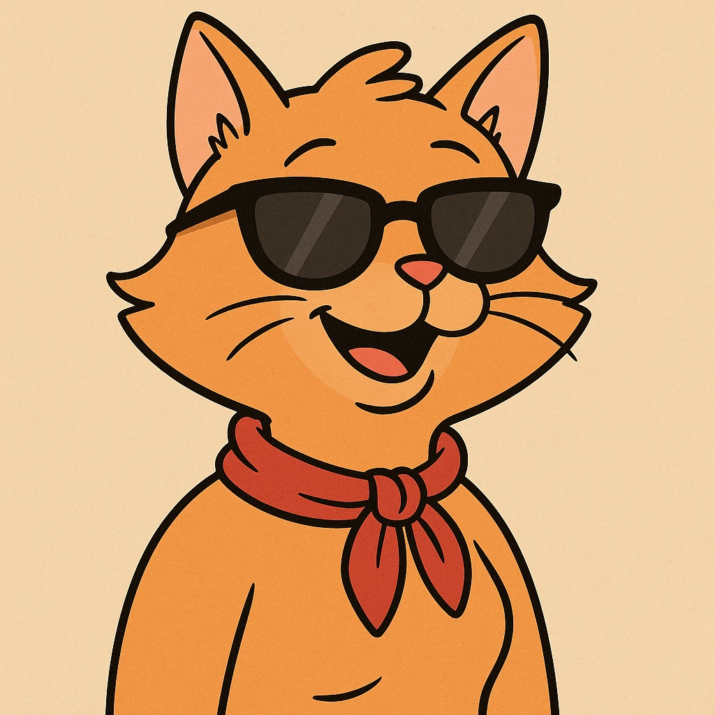 mrs. cat wearing sunglasses, smiling, with a red scarf around her neck, fun and friendly style, cartoon illustration emoji