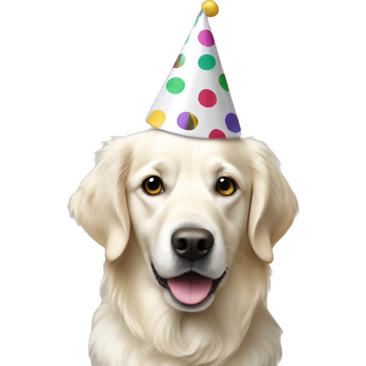 White golden retriever wearing polka dot party hat emoji