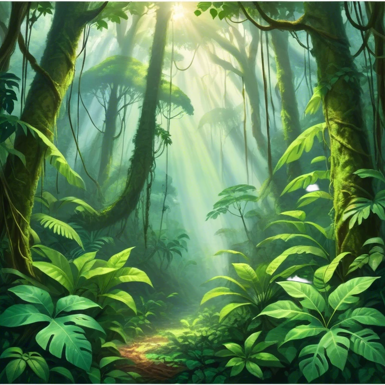 Cinematic Realistic Rainforest Emoji, Lush and vibrant, filled with towering trees, thick vines, and dense green foliage, sunlight filtering through the canopy above, creating dappled patches of light on the rich, diverse undergrowth. The air is heavy with moisture, with mist rising from the forest floor and distant calls of exotic birds and animals echoing through the trees. Soft glowing outline, capturing the essence of a thriving, untamed tropical paradise filled with life! emoji