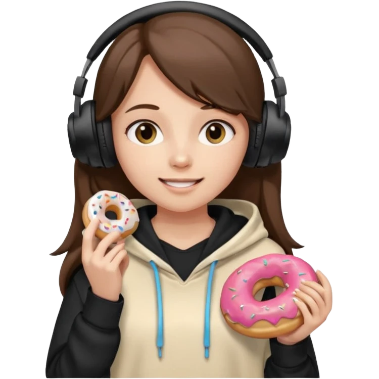 a girl with long brown hair green and wearing black headphones she is wearing a cream coulor baggy hoddie she is happyish holding a donut emoji