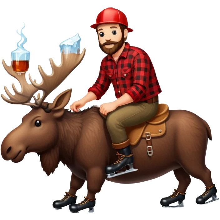 canadian lumberjack wearing red and black flannel shirt and drinking maple syrup and wearing ice skates while riding on a moose emoji