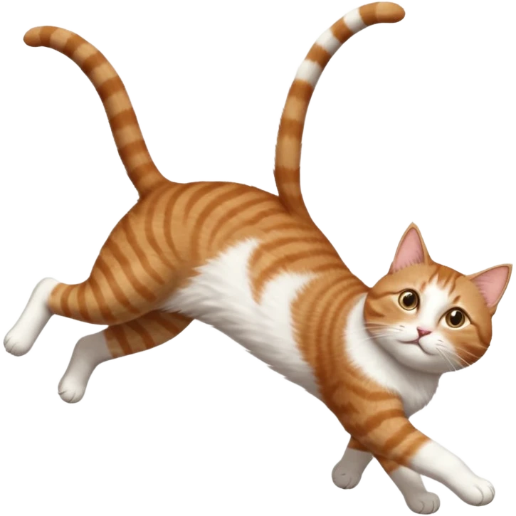 brown tabby and white cat with doing a big extremely long stretch reaching up into the air with arms and legs side by side together straight and overextended whilst lying on its side emoji