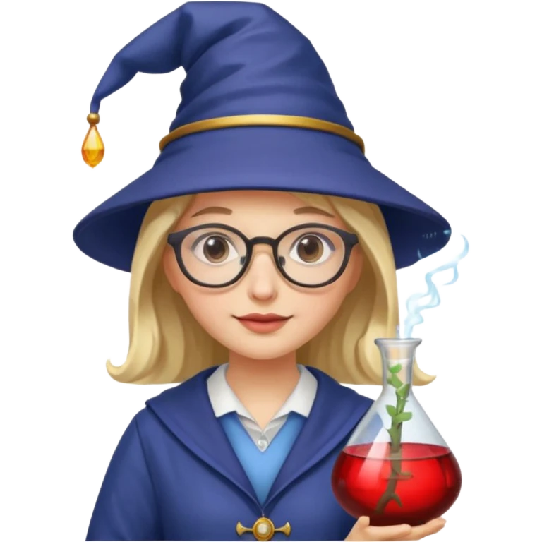 woman scientist with glasses, wearing wizard hat custome, with glass vase, red emoji