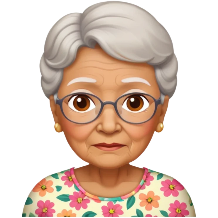 Grandma in a floral top tanned with normal sized nead emoji