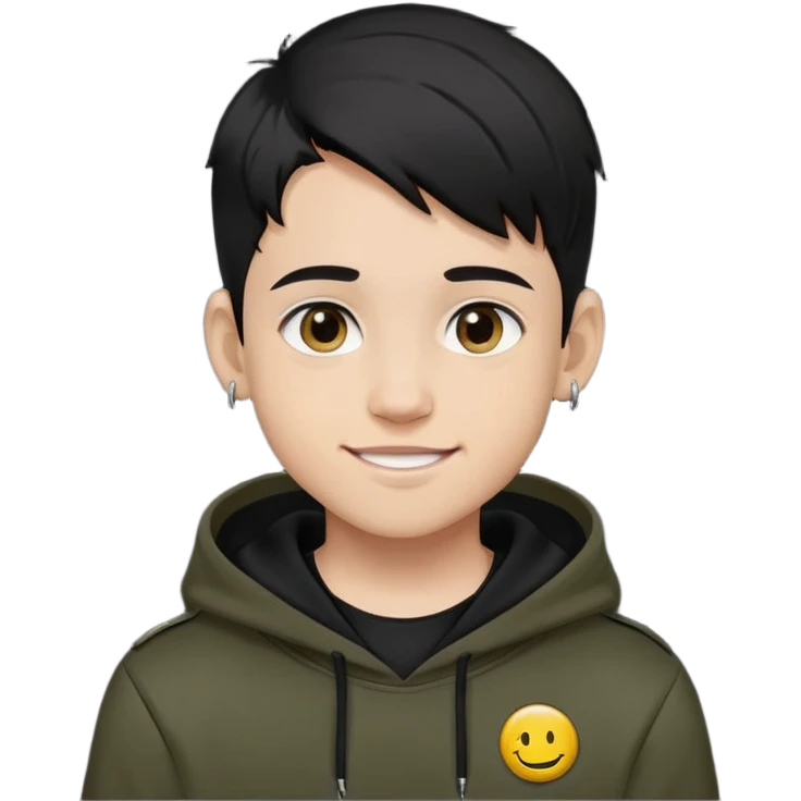 boy with military cut black hair, brown eyes, wearing 2 circle earrings and a black hoodie with a smiley face emoji