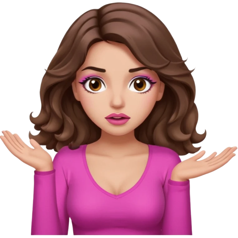 girl with long wavy brown hair, brown eyes, long lashes makeup, sexy pink lips, light to medium complexion, pink sexy top, shrugging with both hands, confused emoji