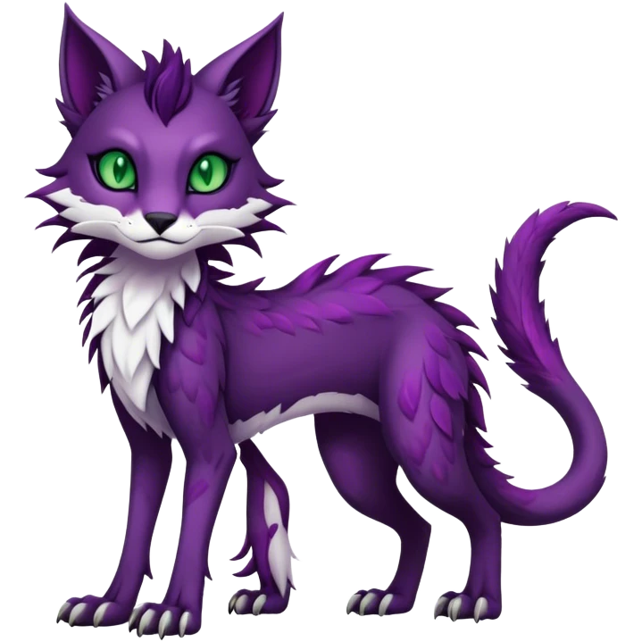 Kawaii dark edgy dark deep purplish with dark green eyes fantasy feline-vernid-sergal-fursona animal creature with a tufted tail full body with intricate markings  emoji