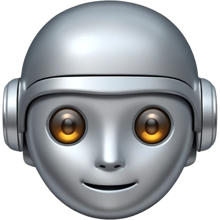 A cute futuristic robot emoji made of silver chrome, rounded friendly body, minimal facial features, glossy metallic surface, soft reflections, iOS emoji style, centered, clean white background emoji