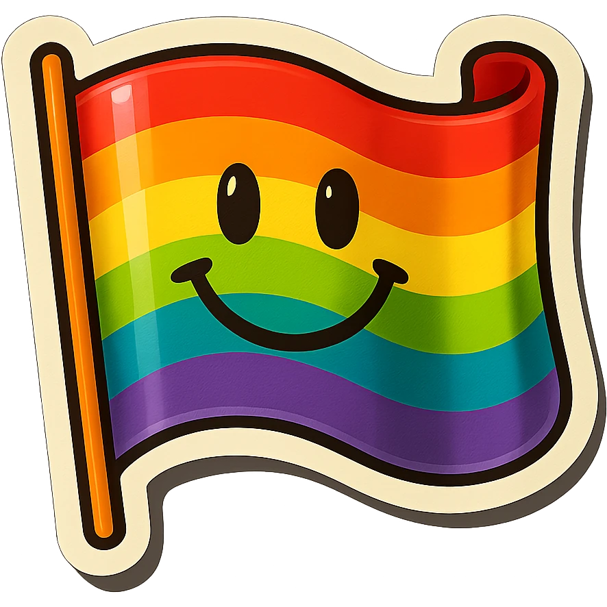 gay pride rainbow flag, waving, with a smiling face, retro sticker style emoji