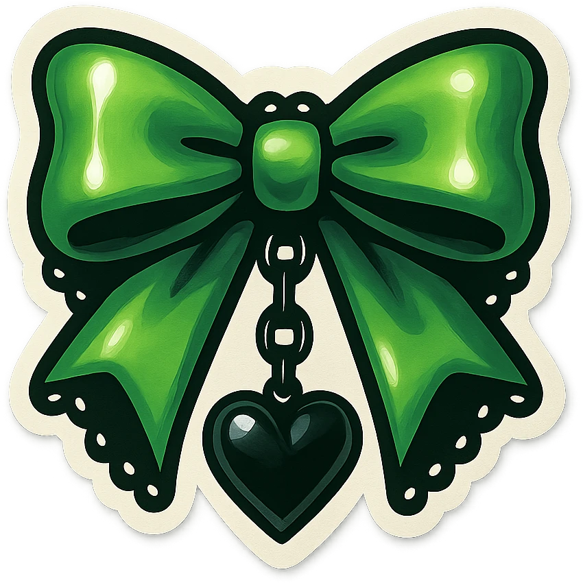 green gothic bow with black lace trim and heart charm, remove background emoji