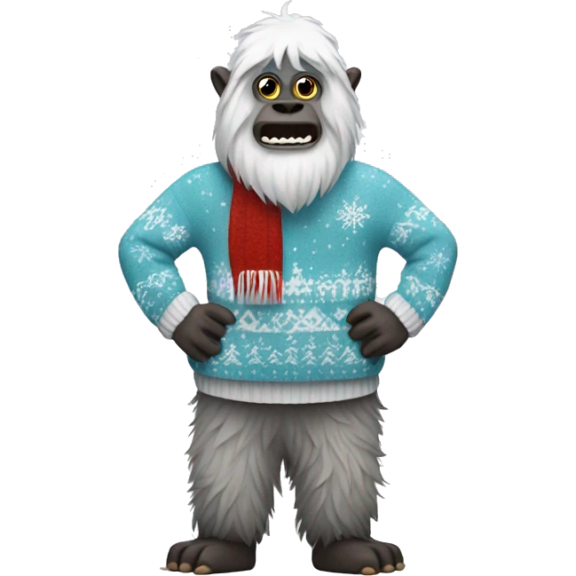 The full body of a yeti wearing a sweater that is Christmas themed  emoji