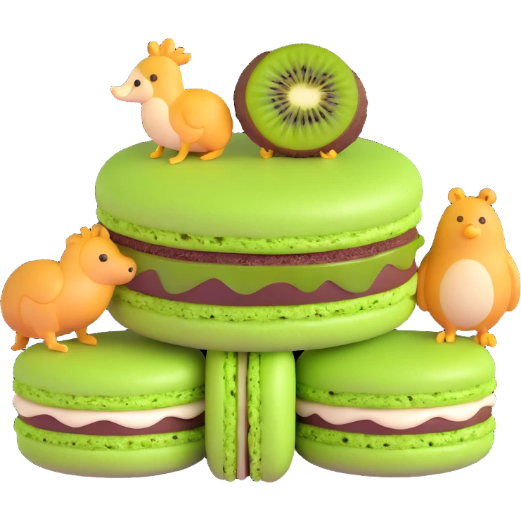A green macaron with a kiwi slice on top, two animals peeking out, light green background with white stars, detailed texture emoji
