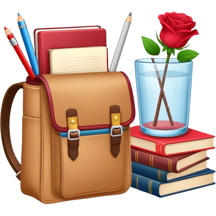 crear una  pizarra grande con libros a un lado, cuadernos, lapices, creyones, un vaso de cristal con rosas rojas, morral, lapto, estilo vector emoji