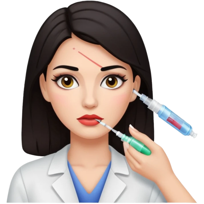 White woman with dark hair and makeup getting an injection on a face emoji