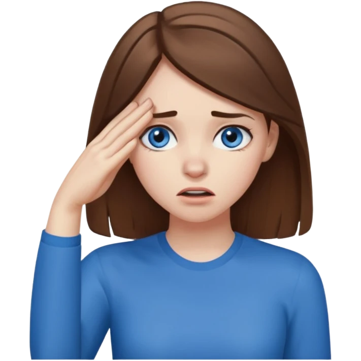 young woman with pale skin, brown hair, and blue eyes smacking her palm to her forehead emoji