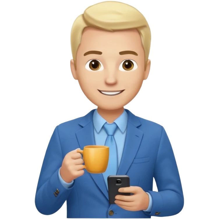 Confident and outgoing male entrepreneur, Caucasian features, blonde hair, big friendly smile, expressive eyes, defined eyebrows, wearing a blue blazer over a light blue shirt, holding a smartphone in one hand and a coffee cup in the other, waist-up, front-facing emoji