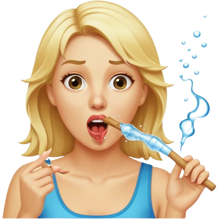 blond woman biting a wide skin-tone stick with a bite mark, water jet shooting from the stick into her mouth, surprised look emoji
