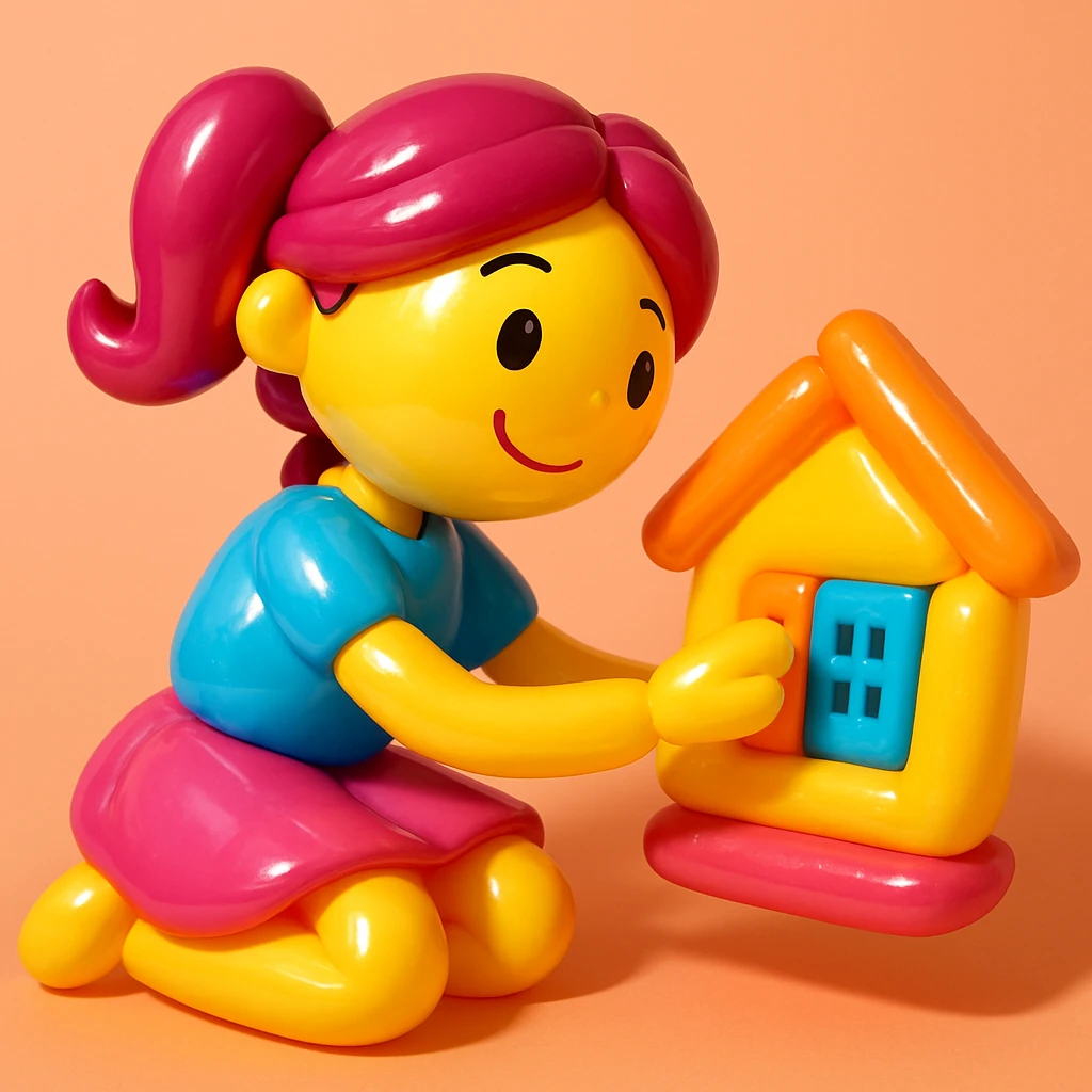 smiling girl arranging furniture in doll house emoji
