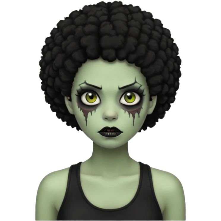 a female zombie with sage green skin, black afro hair, eyelashes and a black tank top emoji