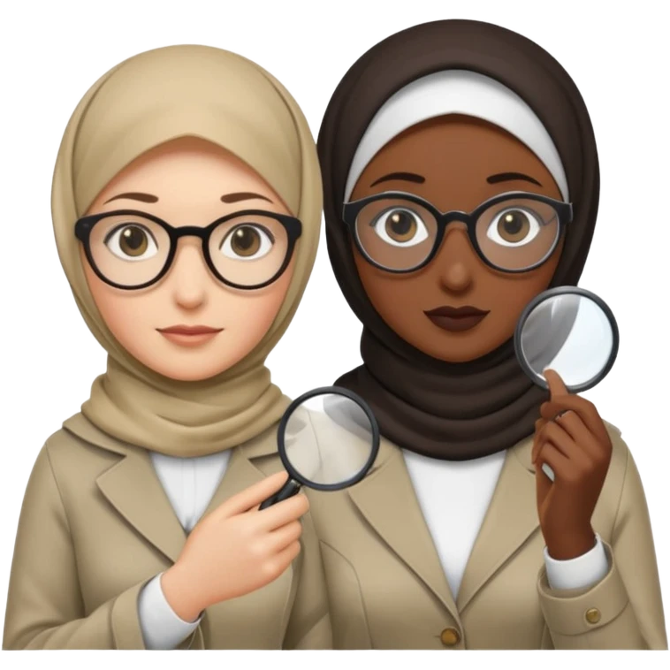 one white woman with hijab and glasses detective + one black woman without hijab and glasses detective  hand lens in one hand, hat etc emoji