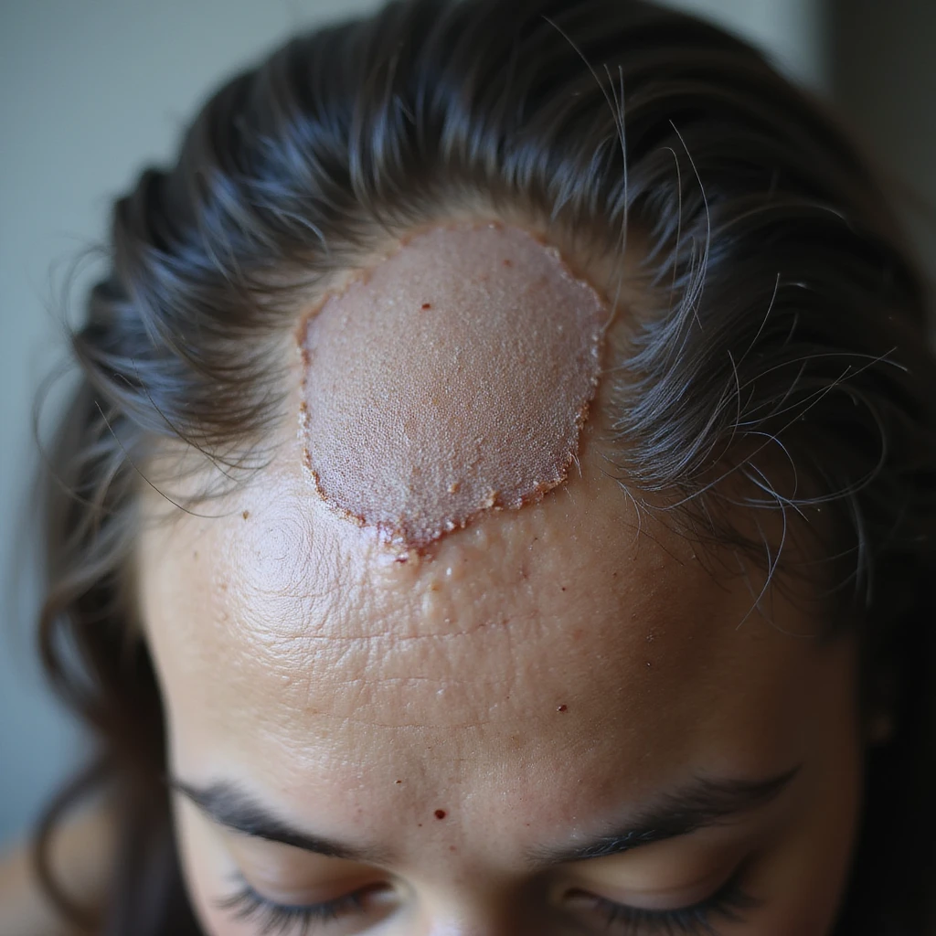 hyperrealistic 4K close-up of a woman's scalp with PCOS showing very evident thinning areas, shiny and visible scalp, sparse and thin hair, with a label next to it reading 'Severe hair loss' in Italian emoji