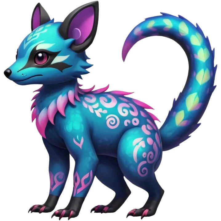 Rare neon iridescent white exotic cute epic aesthetic gothic colorful Salandit-Eevee-Civet-species-Fakemon-hybrid-creature, with intricate tattoo markings, full body emoji