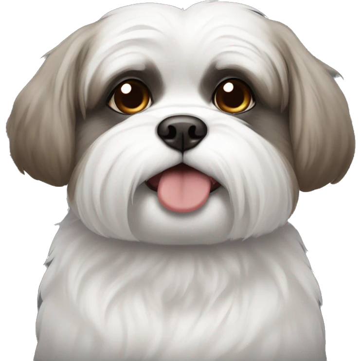 A white Shitzu with brown on her mouth, and a little bit of dark grey fur on her eyes and ears. emoji