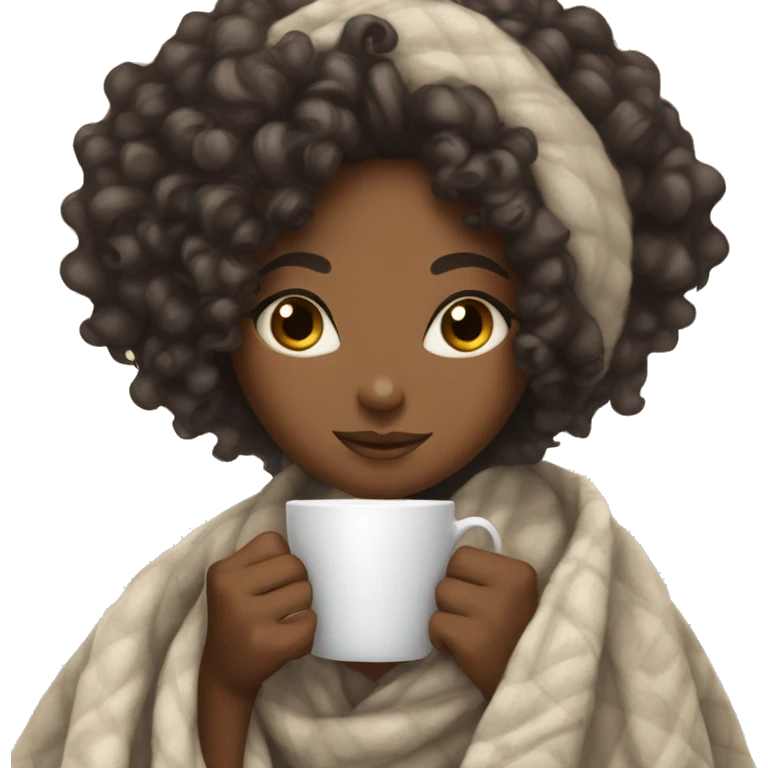a lightskin black girl with curly hair wrapped in a blanket with a cup of tea emoji