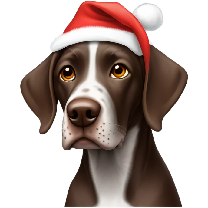 Brown German shorthaired pointer dog with Christmas hat emoji