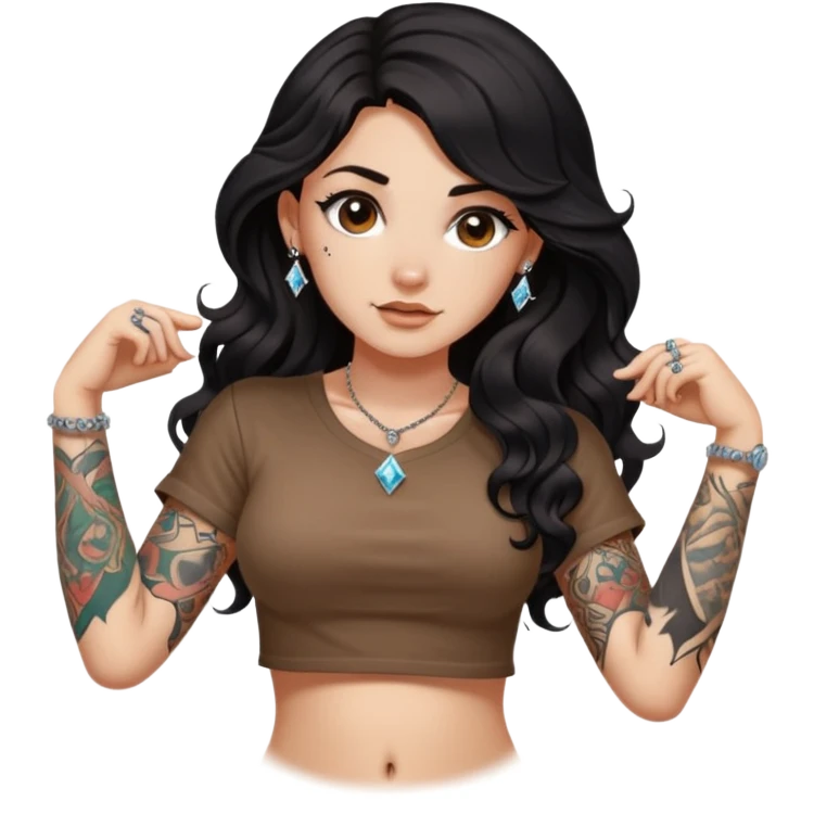 A girl with fair skin and a little fat - long black hair with big waves - tattoos on her arms - wearing a brown navel-revealing short-sleeved shirt - with a diamond navel stud emoji