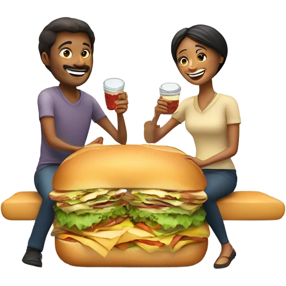 Couple sitting on top of big sandwich eating dinner (not sandwich) emoji