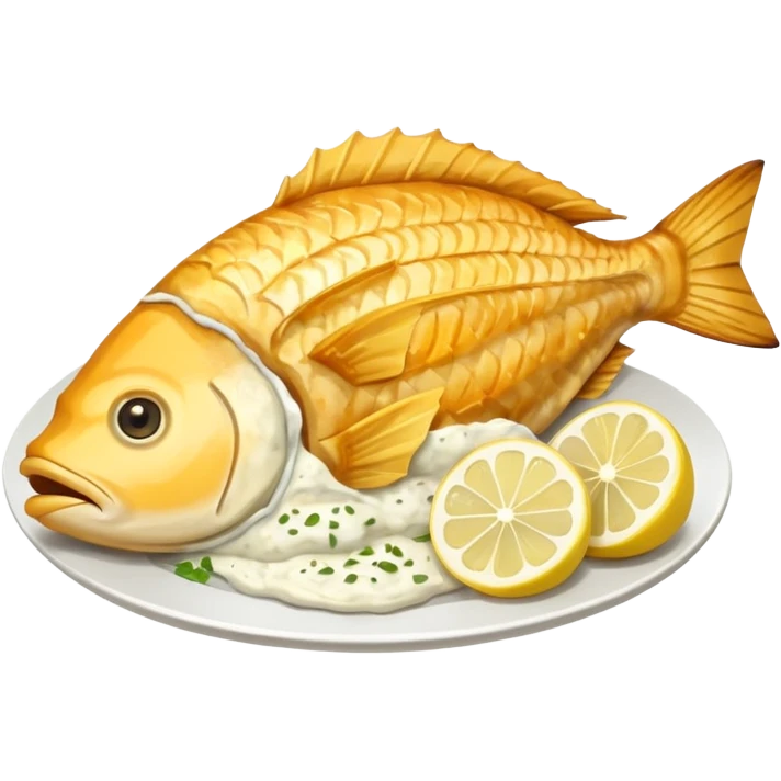 Create a realistic fried fish piece served with sauce & garnish. emoji
