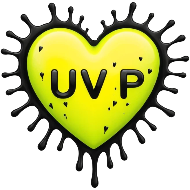 A neon yellow heart with black splashes and The text UVP in the heart emoji