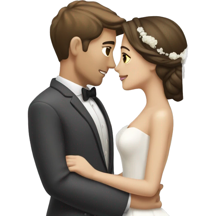 Bride with brunette hair and white skin kissing groom with brunette hair and beige skin emoji