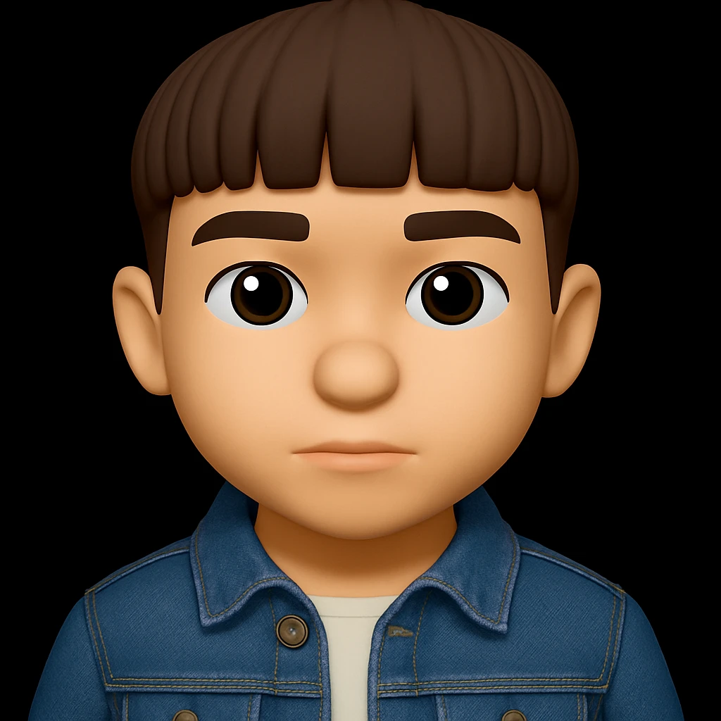 Redress the young man wearing a denim jacket, preserving the 3D emoji style look as much as possible. emoji