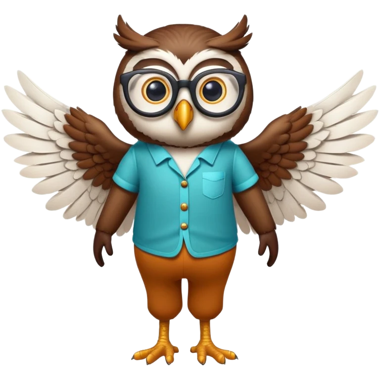friendly anthropomorphised night owl with wings instead of arms, colourful pants and shirt, wearing glasses, walking upright, night owl features and colours, unique pose 2 emoji