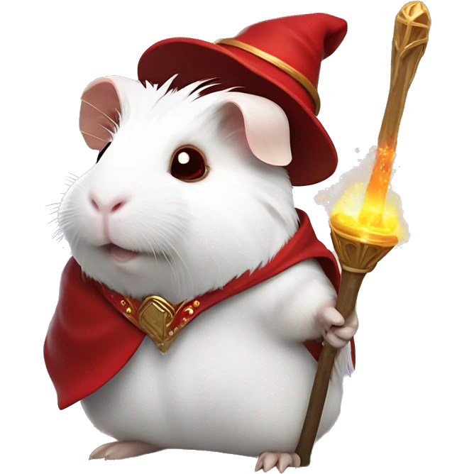 white guinea pig with red eyes wearing wizard clothes and holding a magical staff emoji
