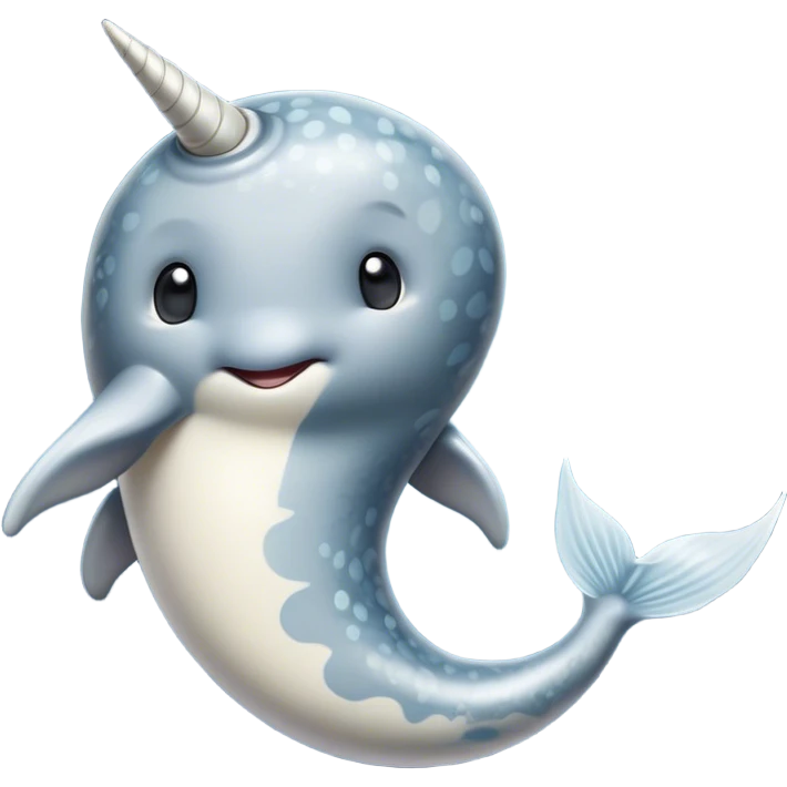 Cinematic Noble Cute Narwhal Portrait Emoji, Poised and graceful, with a streamlined, gently curved body clad in mottled, silvery-gray skin, accented by a long, spiraled ivory tusk and wide, expressive eyes radiating playful intelligence, Simplified yet sharp and sophisticated features, highly detailed, glowing with a cool, frosted ocean glow, high shine, intelligent and enigmatic, stylized with an air of whimsical marine majesty, focused and graceful, soft glowing outline, capturing the essence of a watchful and confident cute narwhal that appears ready to glide out of the screen with effortless charm! emoji