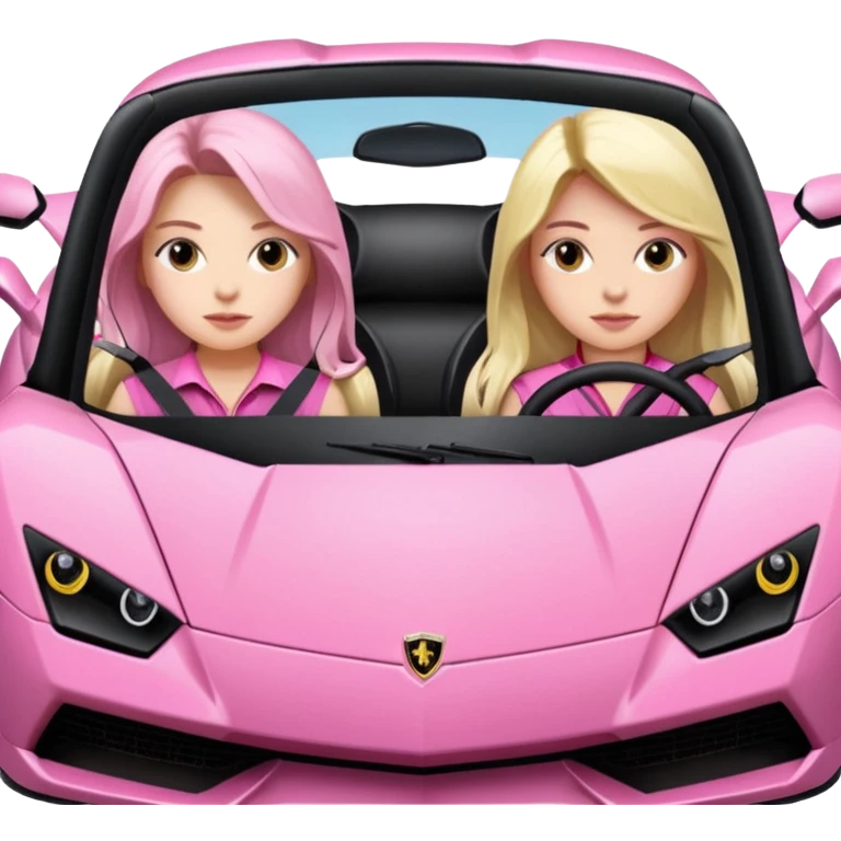 Make car far away so I can see full car Car facing forward in sports car. Make hair long  two girls in car far away Front of car sitting in the seats. Make it a pink sports car. They are two baddies make it a Lamborghini pink car  emoji