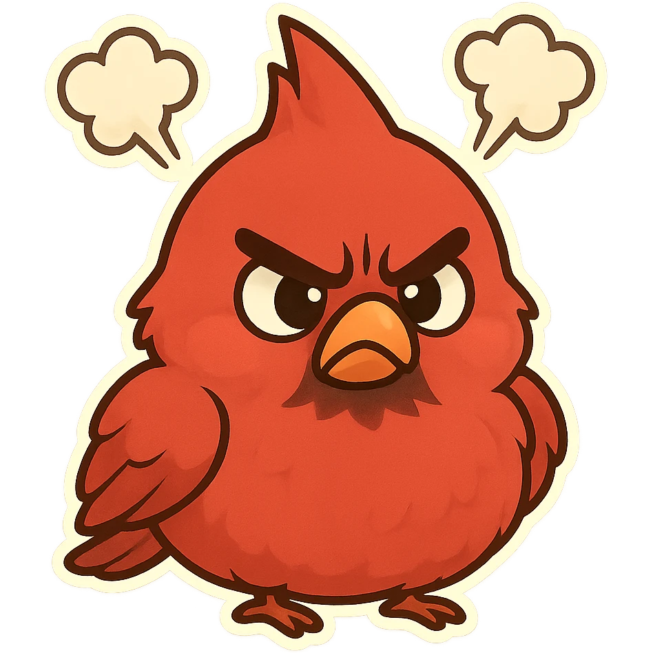 Chibi red male cardinal frowning with puffed cheeks and furrowed brows, steam puffs above head, angry but cute emoji. emoji
