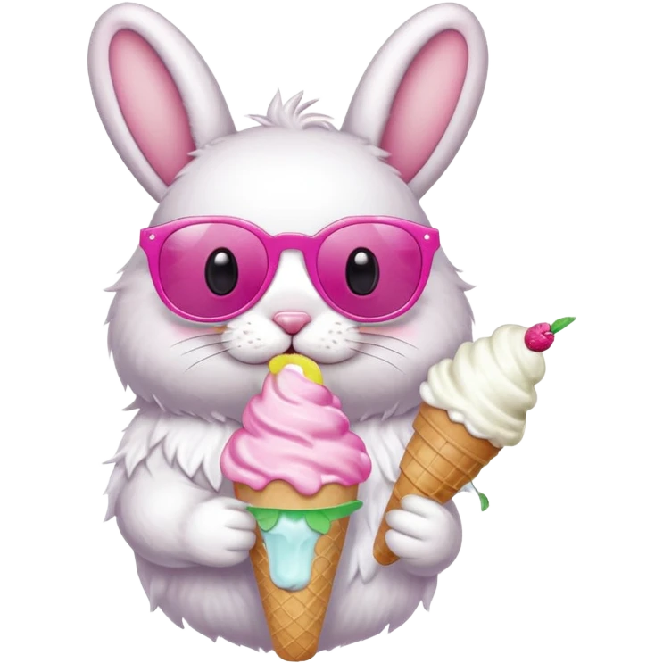 Bunny eating ice cream with cute flower glasses on emoji